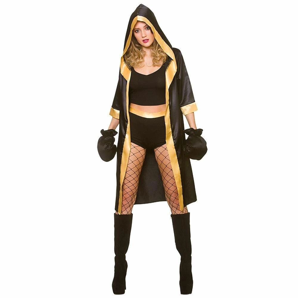 Knockout Boxer Fancy Dress Costume Womens Hooded Robe Gloves 3 Knockout Boxer Fancy Dress Costume Womens Hooded Robe Gloves
