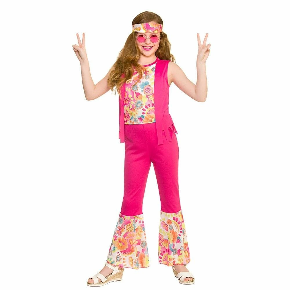 Girls Groovy Hippie Fancy Dress Costume 60s Pink Flares 3 Girls Groovy Hippie Fancy Dress Costume 60s Pink Flares