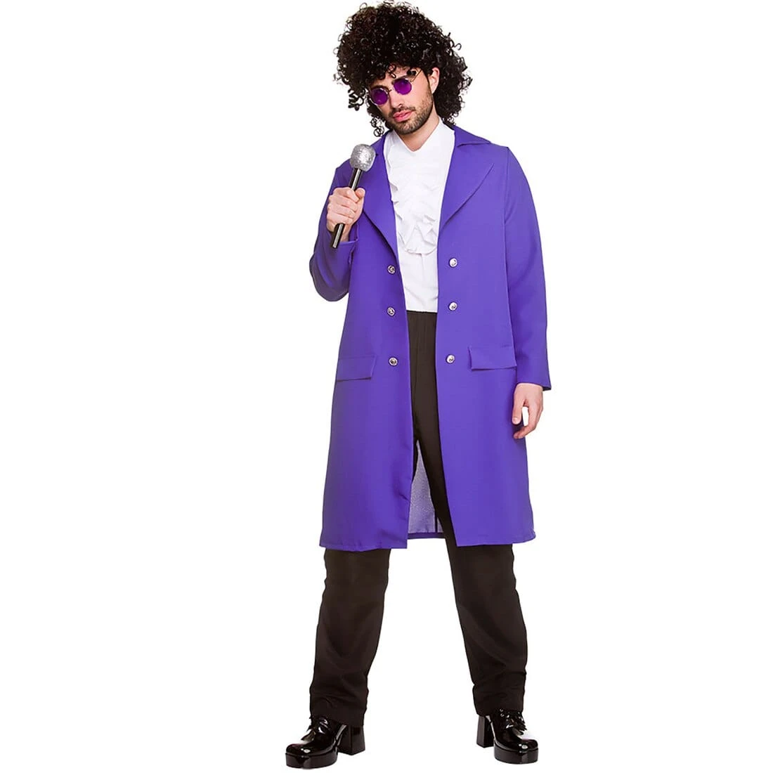 Mens 80s Musician Purple Jacket Ruffle Shirt Fancy Dress Costume 3 Mens 80s Musician Purple Jacket Ruffle Shirt Fancy Dress Costume