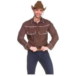 Adults Western Cowboy Shirt Brown Fancy Dress Wild West Stag