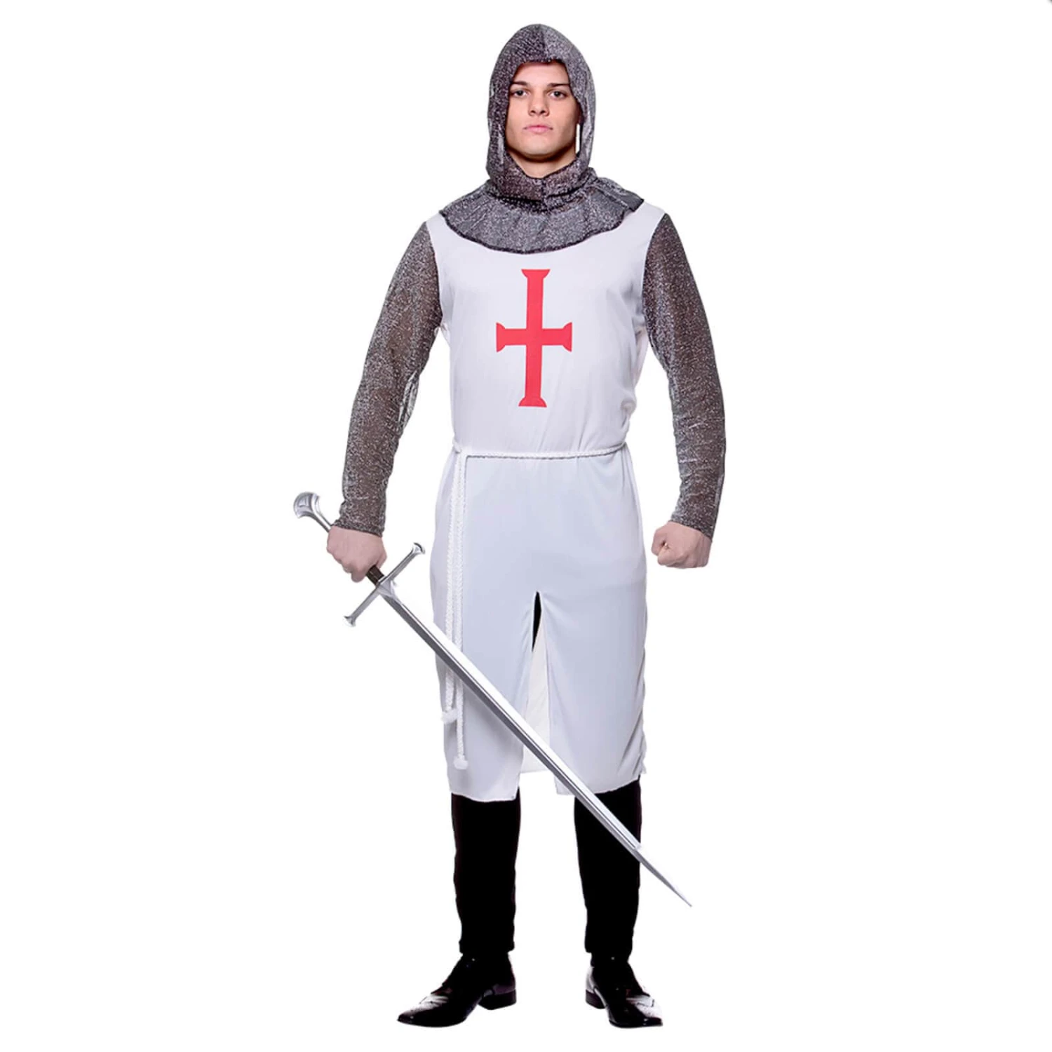 Mens Crusader Knight Costume White Tunic Chain Mail Hood Belt 3 Mens Crusader Knight Costume White Tunic Chain Mail Hood Belt