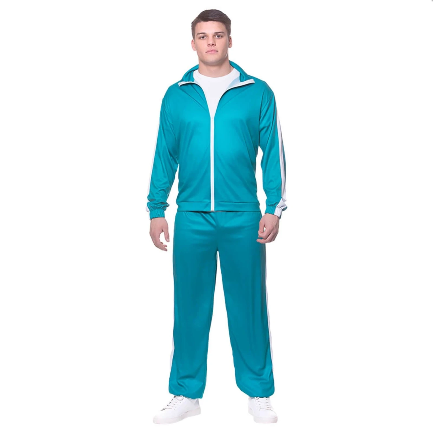 Adults Teal Tracksuit White Stripe Jogging Fancy Dress Costume 3 Adults Teal Tracksuit White Stripe Jogging Fancy Dress Costume