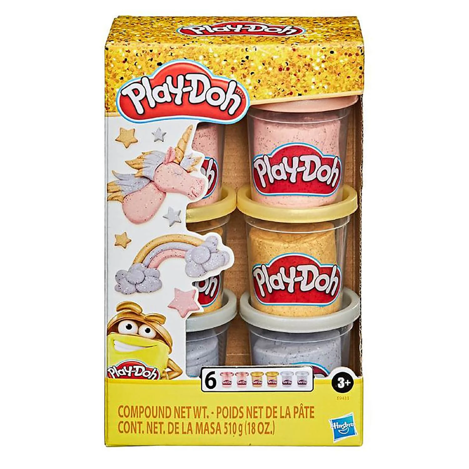 Play-Doh Metallics Compound 6 Tubs Glitter Dough Gold Roller 3 Play-Doh Metallics Compound 6 Tubs Glitter Dough Gold Roller