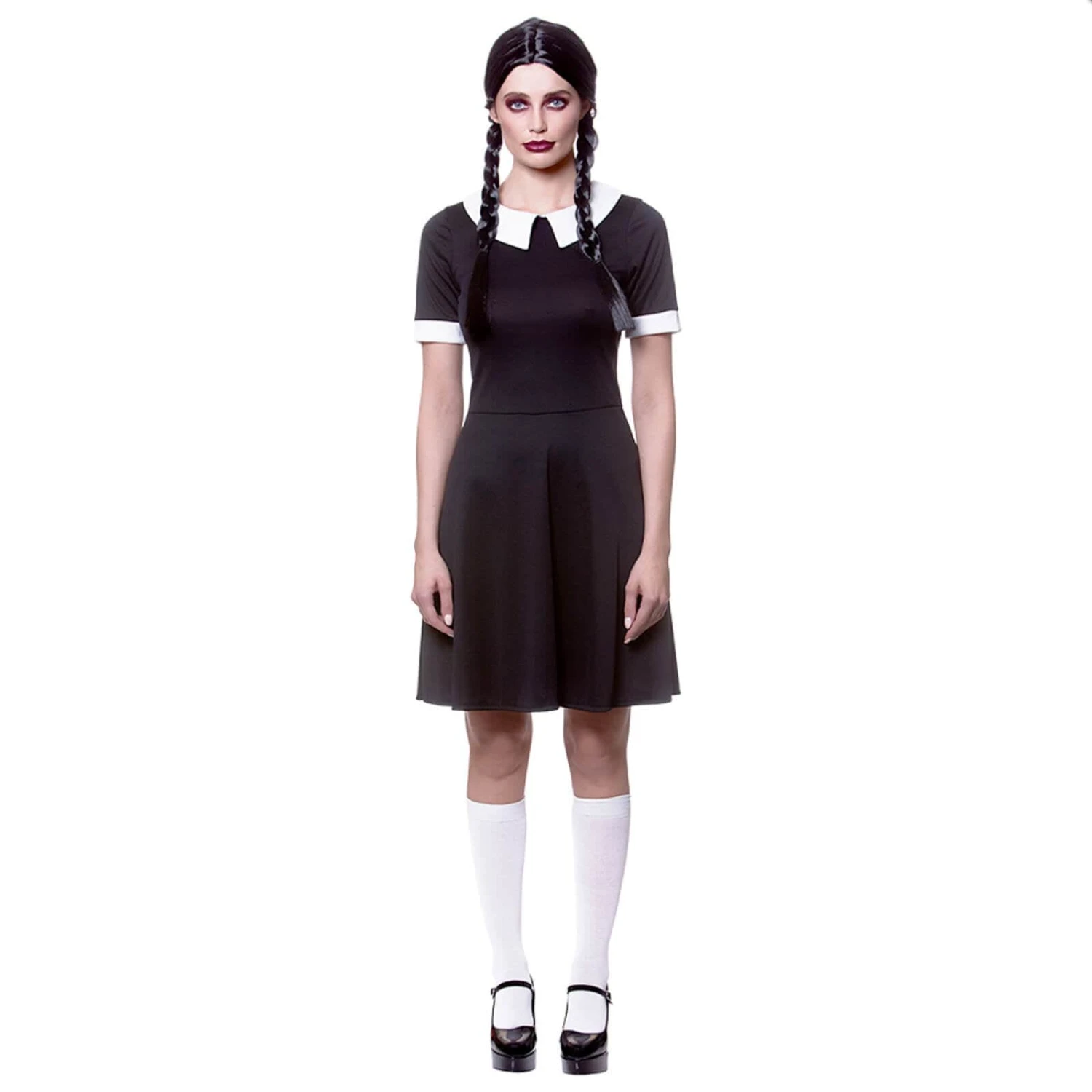 Womens Creepy School Girl Black Dress Wednesday Addams Costume 3 Womens Creepy School Girl Black Dress Wednesday Addams Costume