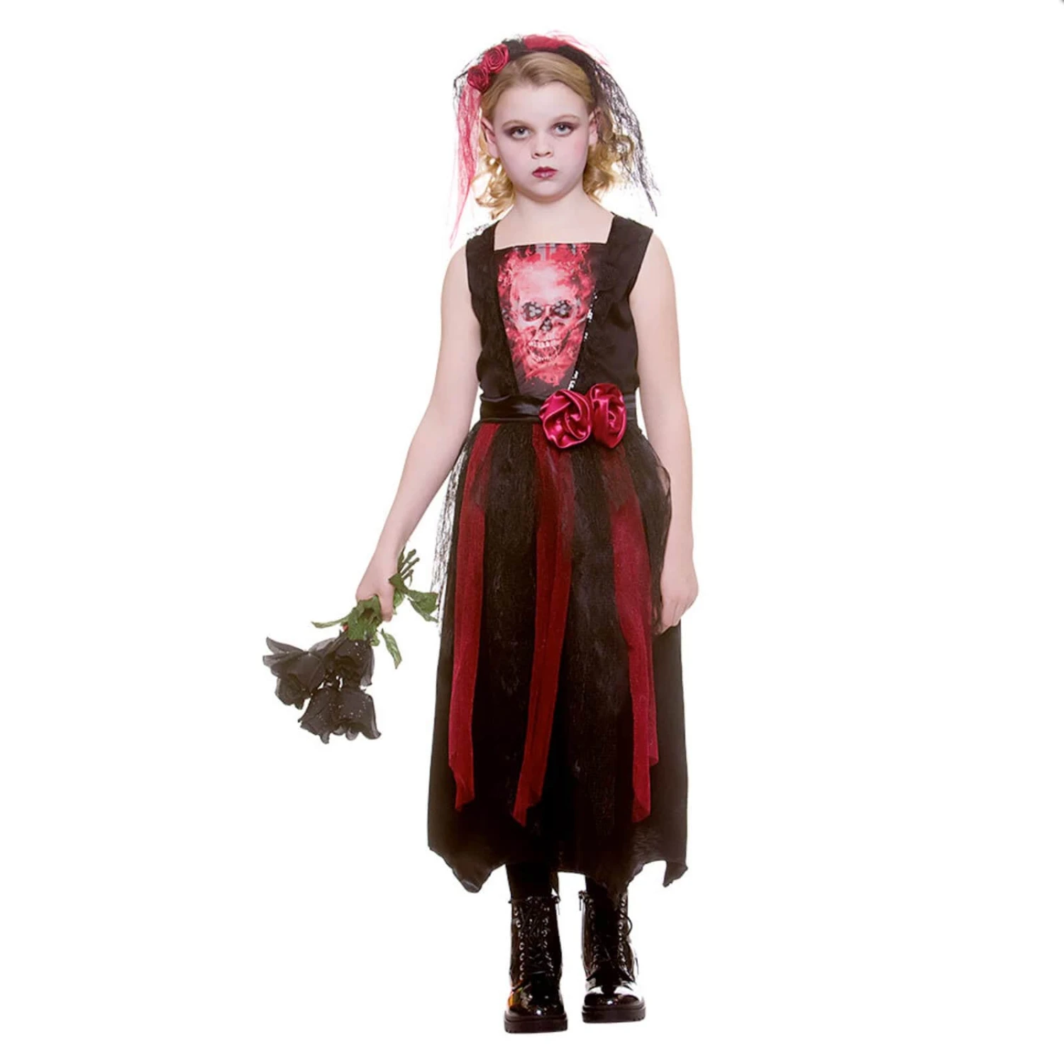 Girls Bride Of The Dead Costume Black Red Dress Roses Veil 3 Girls Bride Of The Dead Costume Black Red Dress Roses Veil