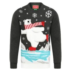 Mens Christmas Jumper Polar Bear Ice Skating With Striped Scarf -Halloween Costumes Store SRG1A15803 A 1 opt