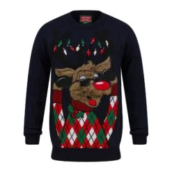Mens LED Faux Fur Rudolph Argyle Christmas Jumper -Halloween Costumes Store SRG1A17388 F.opt
