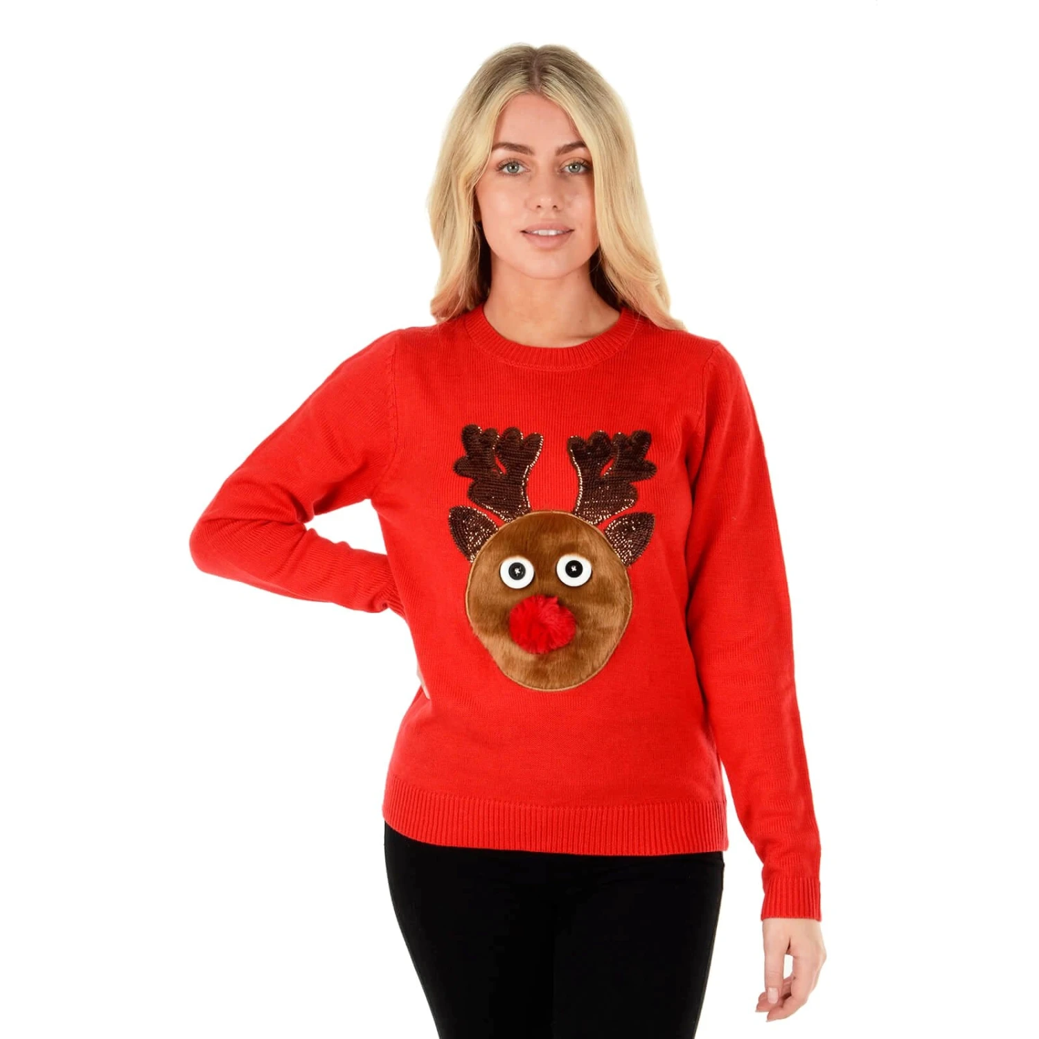 Womens Furry Reindeer Christmas Jumper Red Pom Pom Nose 3 Womens Furry Reindeer Christmas Jumper Red Pom Pom Nose
