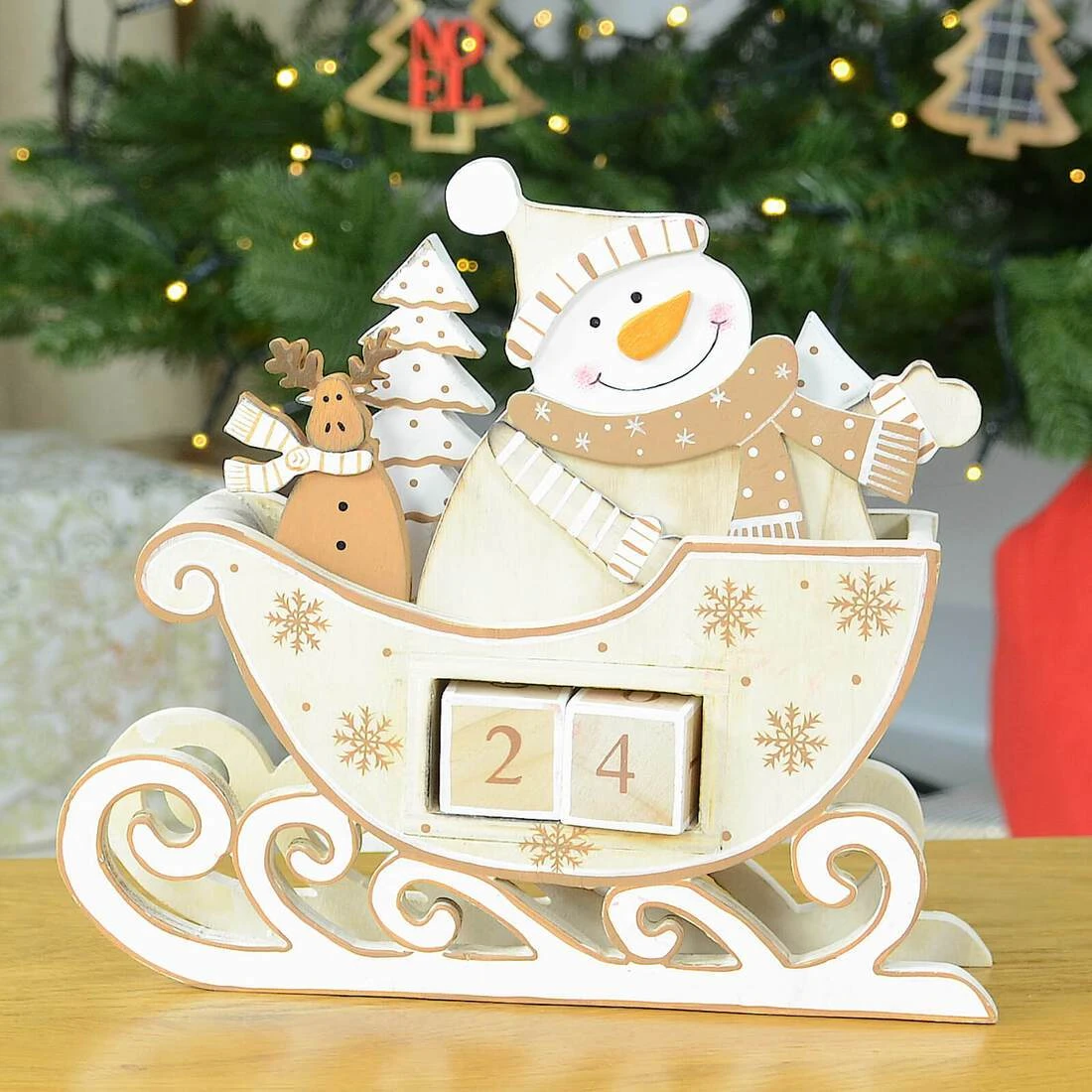 Snowman Sleigh Wooden Christmas Calendar With Number Blocks 4 Snowman Sleigh Wooden Christmas Calendar With Number Blocks - Image 2