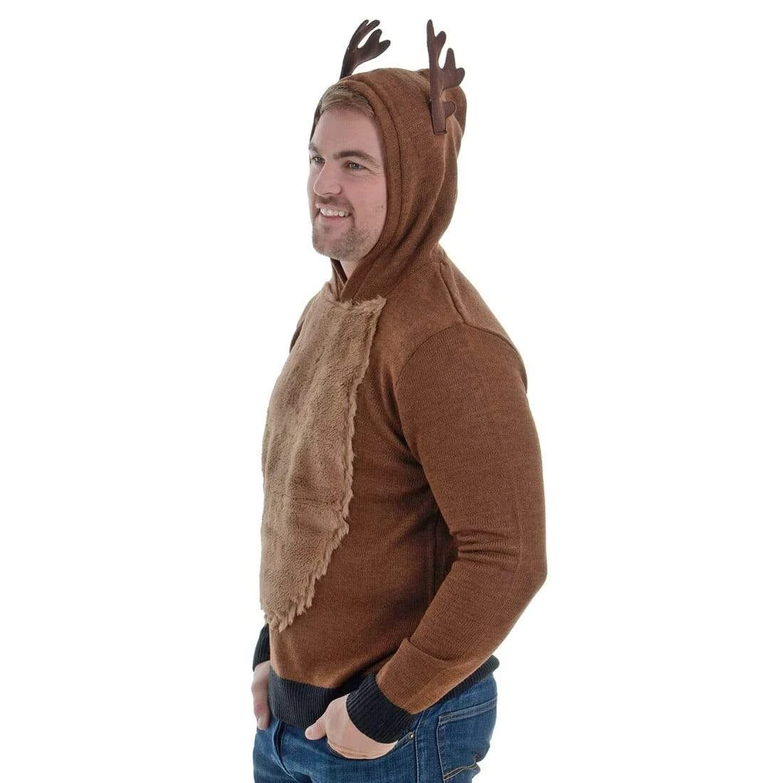 Mens Christmas Hooded Jumper Rudolph Antlers Brown Knit 3 Mens Christmas Hooded Jumper Rudolph Antlers Brown Knit