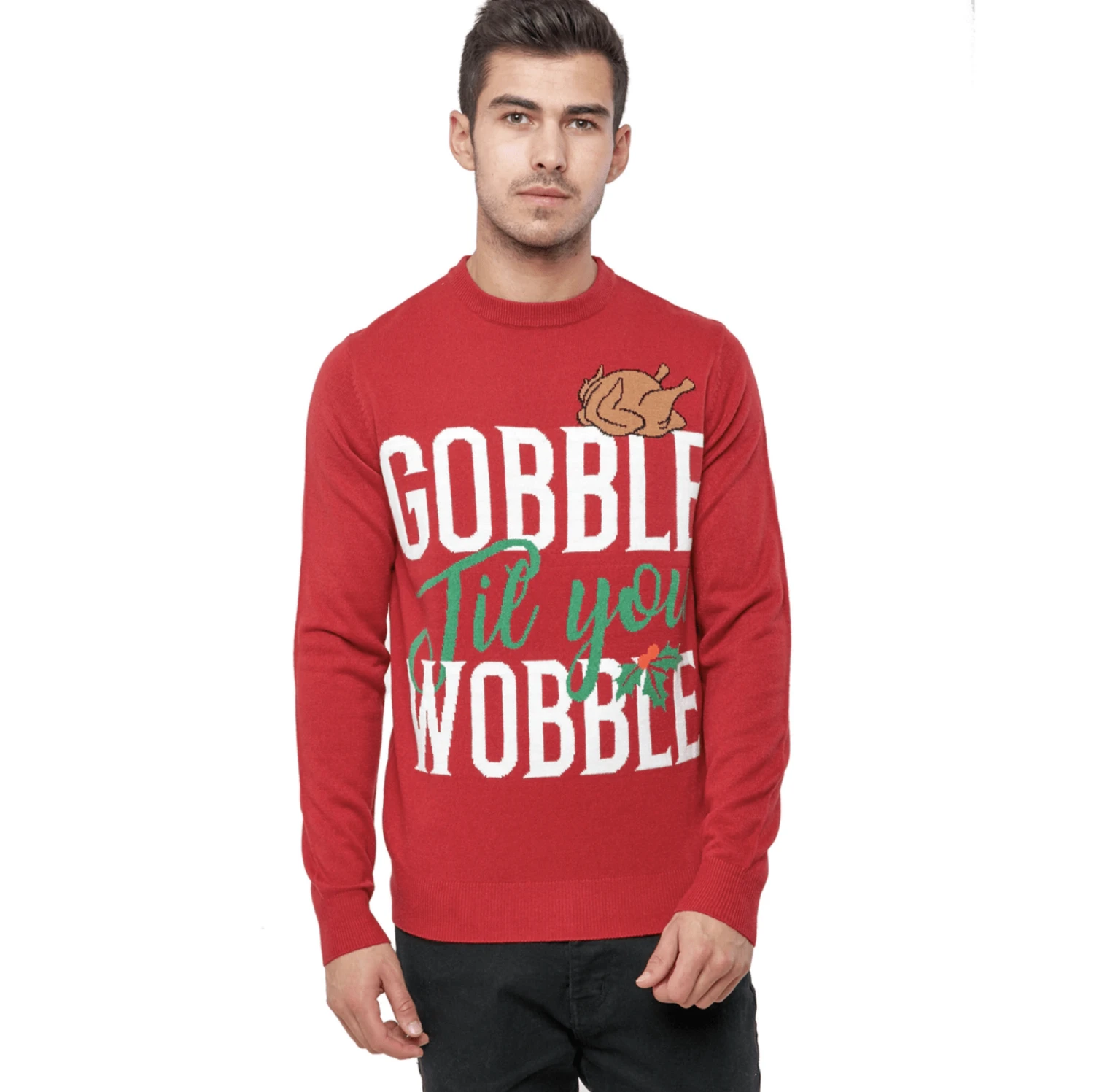 Mens Christmas Jumper Gobble Til You Wobble Slogan Red Fun 3 Mens Christmas Jumper Gobble Til You Wobble Slogan Red Fun