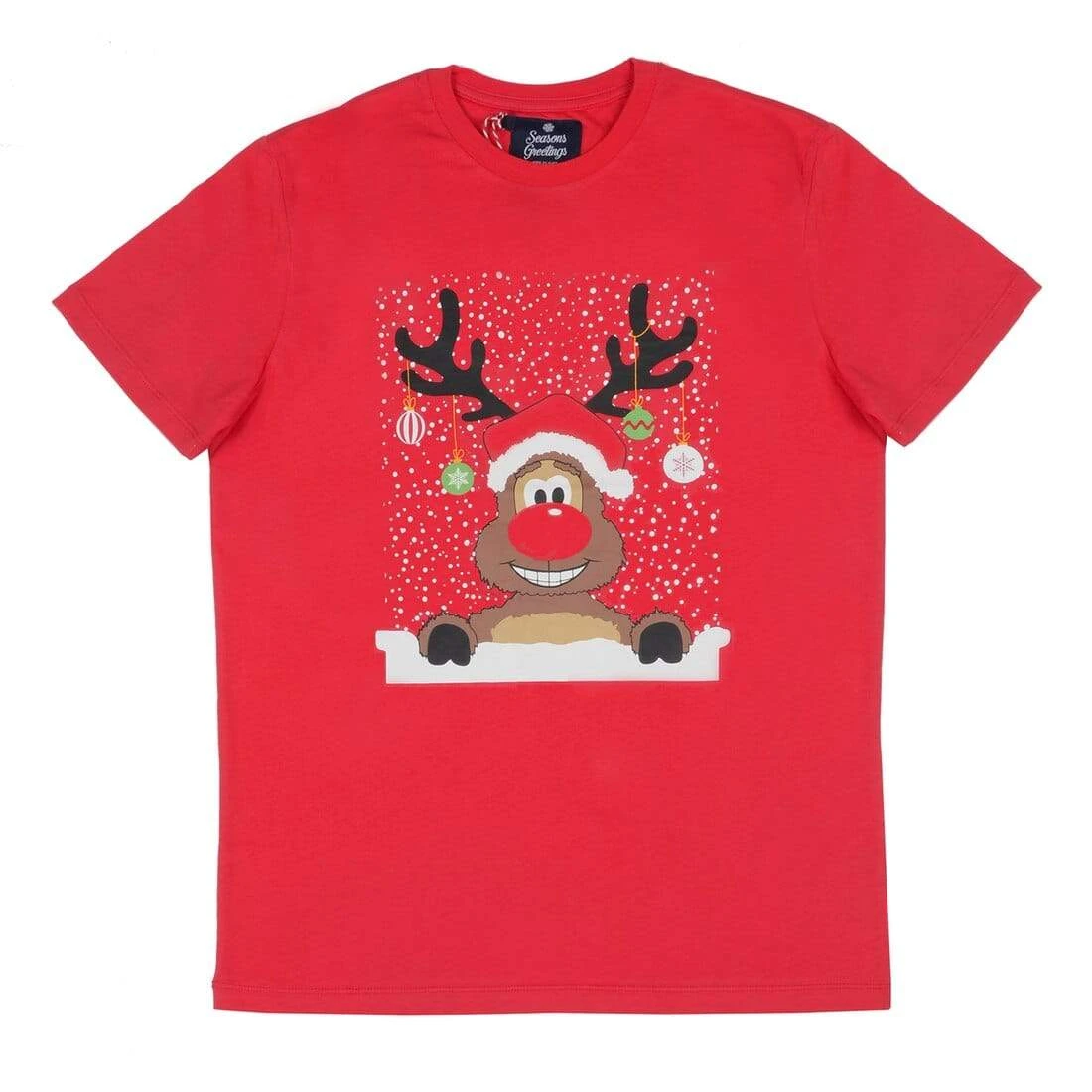 Mens Red Christmas T-Shirt With Reindeer & Baubles Print 3 Mens Red Christmas T-Shirt With Reindeer & Baubles Print