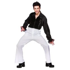 Mens Black Disco Fever 70s Frilly Shirt Halloween Costume