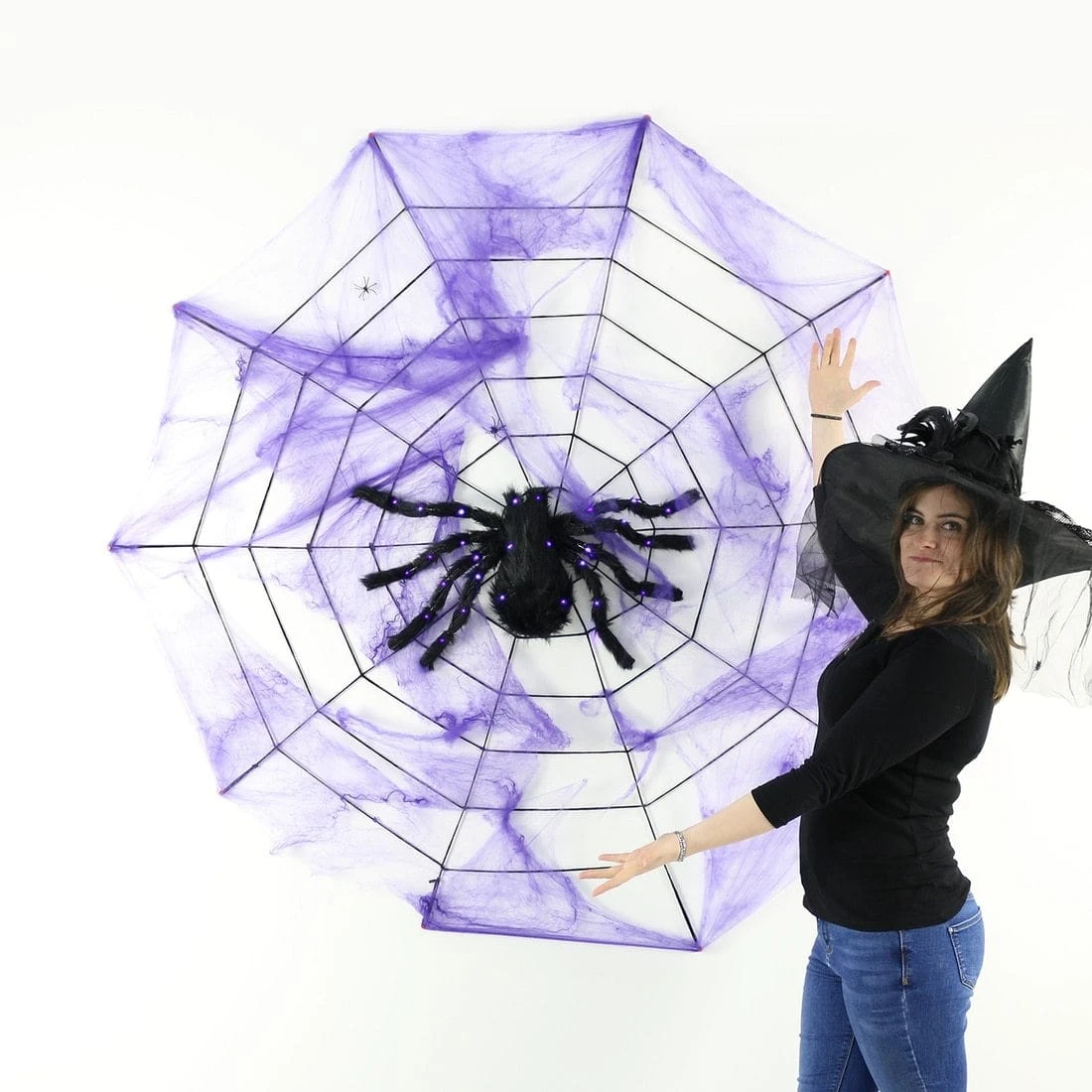 Purple LED Black Spider Halloween Decoration With Web 4 Purple LED Black Spider Halloween Decoration With Web - Image 2