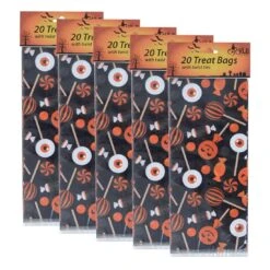 5 X 20pk Halloween Trick Or Treat Cellophane Bags With Ties