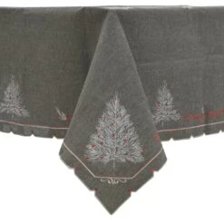 Christmas Tree Embroidered Tablecloths Napkins Fabric Dark Grey