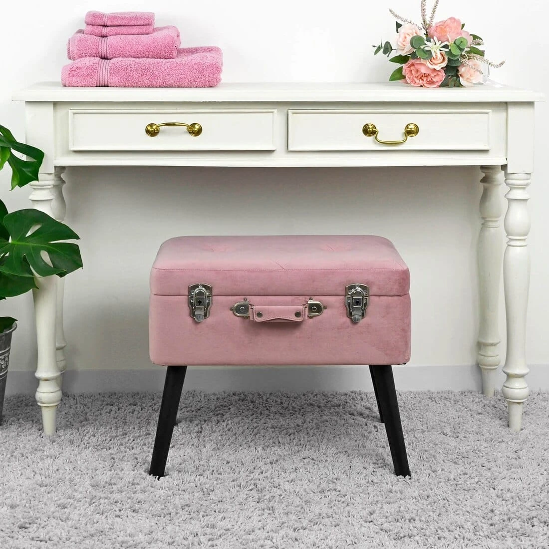 Suitcase Storage Stool Velvet Seat Black Legs Silver Clasps 3 Suitcase Storage Stool Velvet Seat Black Legs Silver Clasps