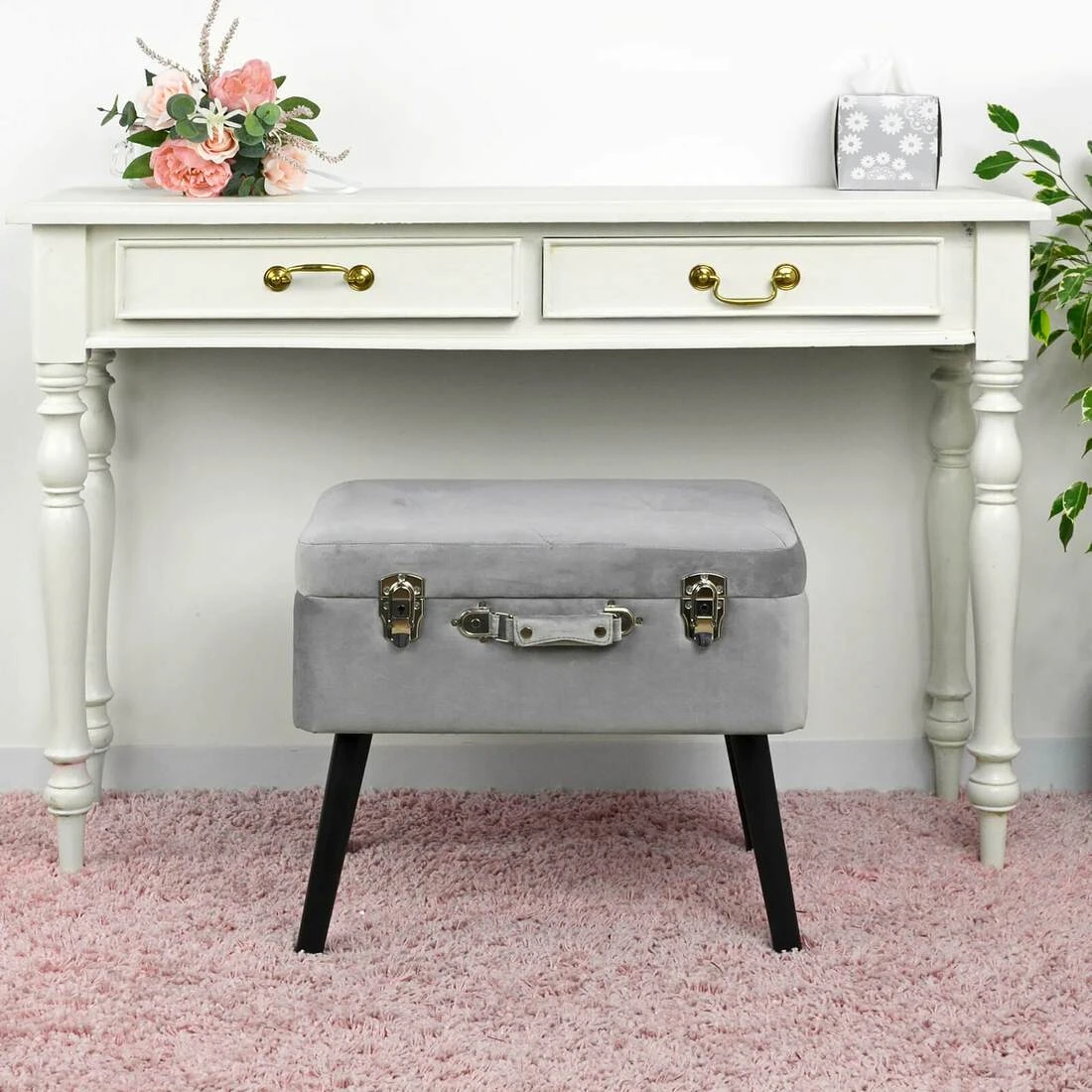Suitcase Storage Stool Velvet Seat Black Legs Silver Clasps 8 Suitcase Storage Stool Velvet Seat Black Legs Silver Clasps - Image 6