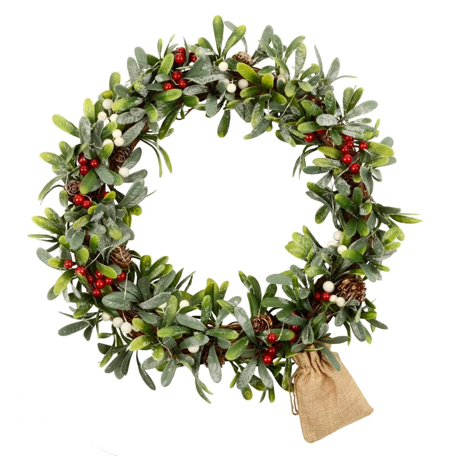 16" Light Up Christmas Wreath Mistletoe Berries Battery Op 4 16" Light Up Christmas Wreath Mistletoe Berries Battery Op - Image 2