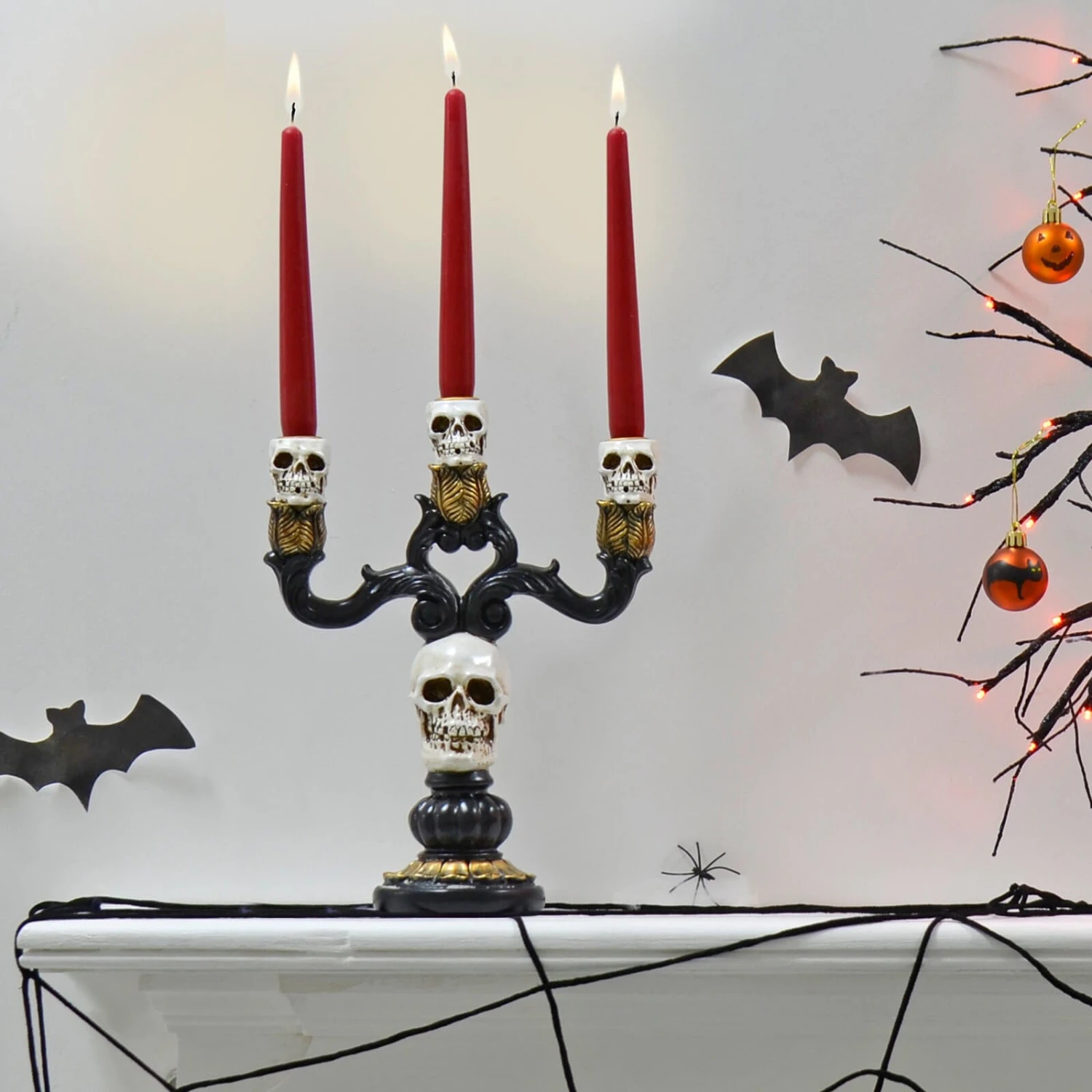 3 Candle Skull Candelabra Black Gold Halloween Decoration 30cm 3 3 Candle Skull Candelabra Black Gold Halloween Decoration 30cm