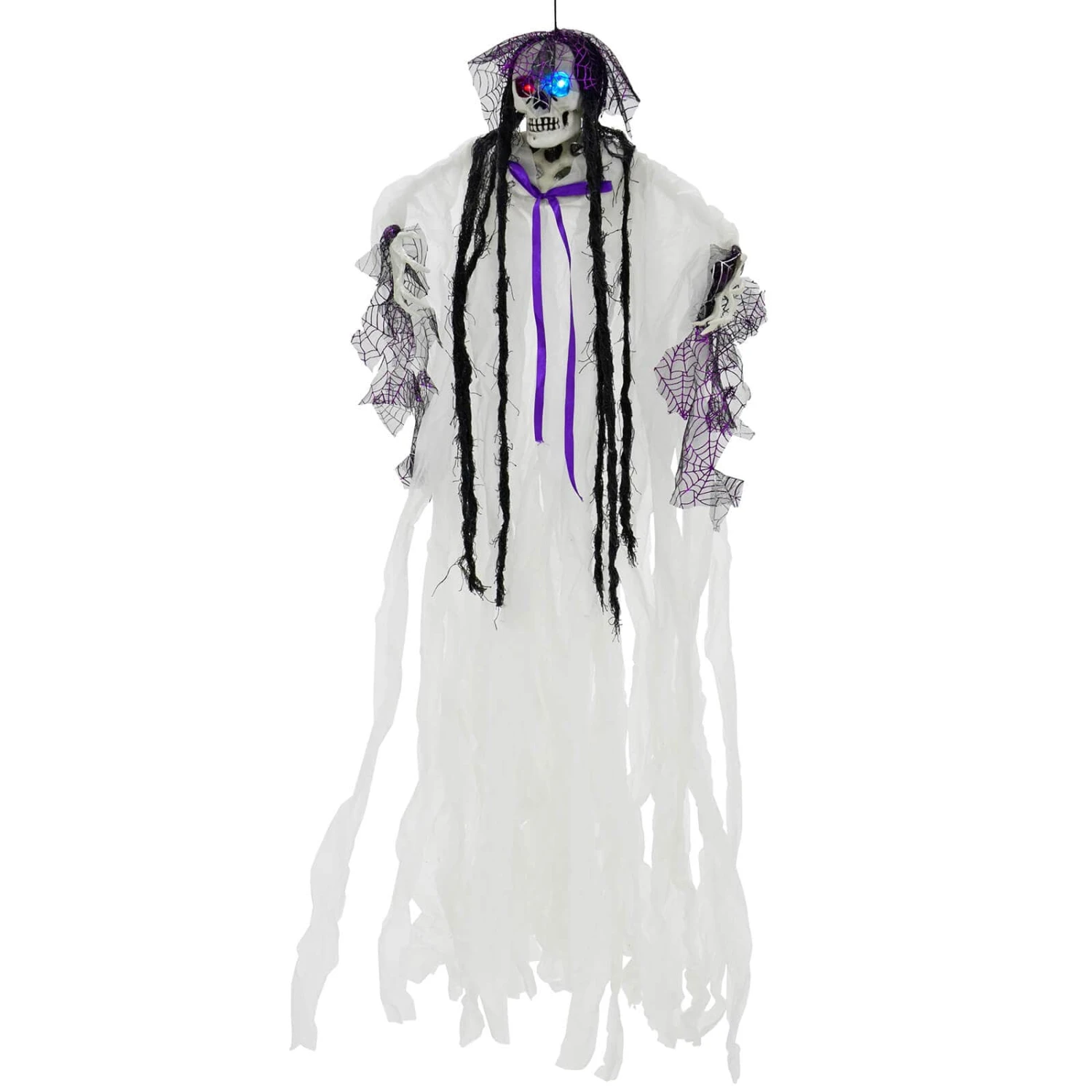 4ft Hanging Skeleton Flashing Eyes Purple Bow Webs Decoration 3 4ft Hanging Skeleton Flashing Eyes Purple Bow Webs Decoration