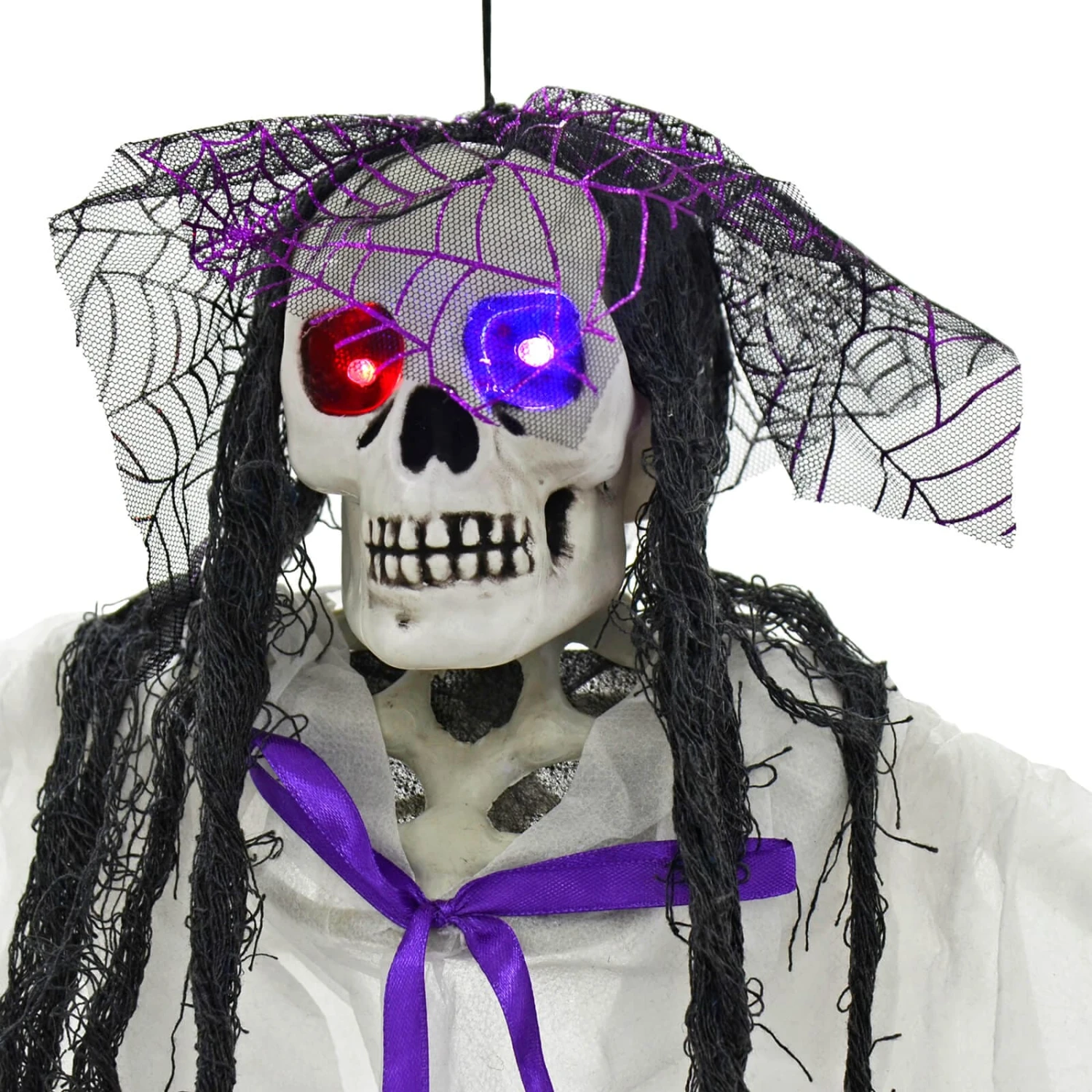 4ft Hanging Skeleton Flashing Eyes Purple Bow Webs Decoration 6 4ft Hanging Skeleton Flashing Eyes Purple Bow Webs Decoration - Image 4