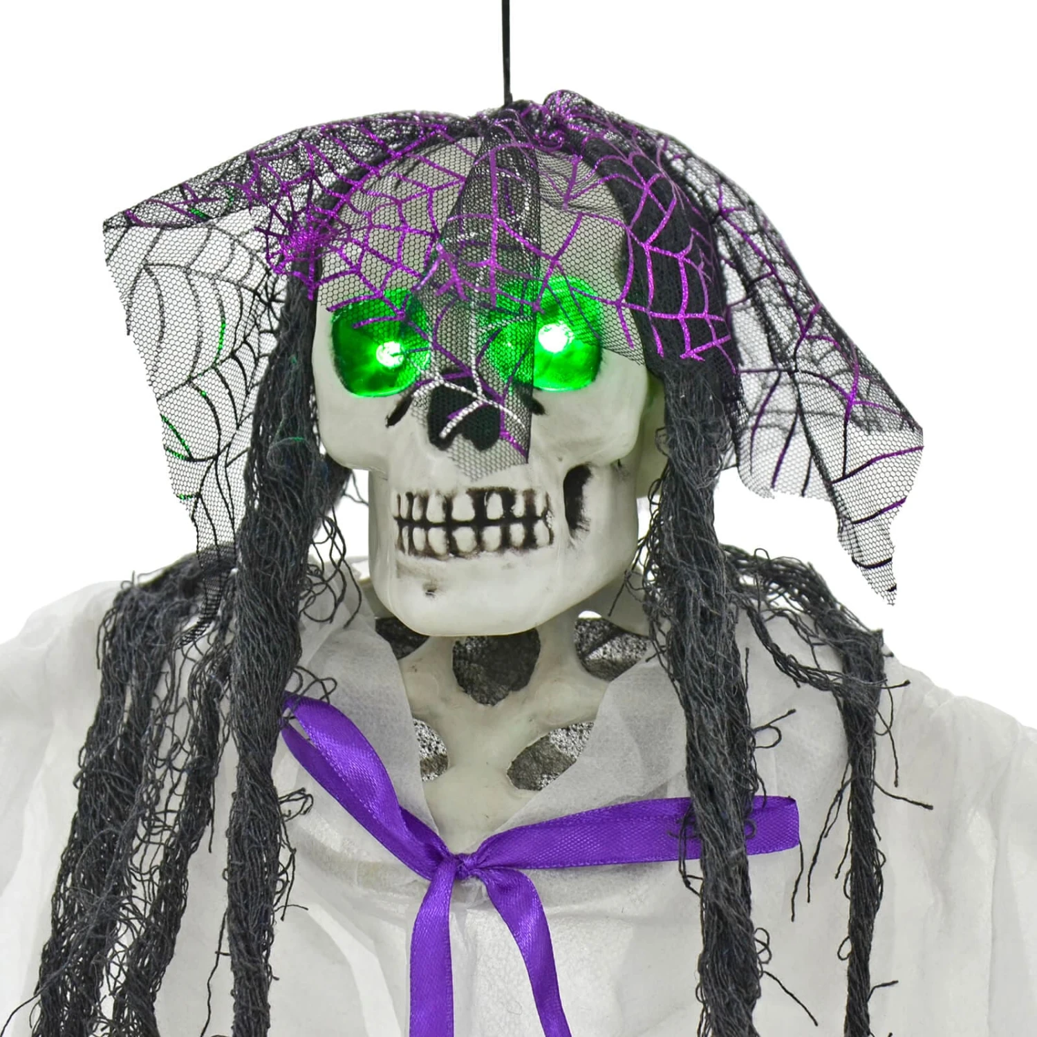 4ft Hanging Skeleton Flashing Eyes Purple Bow Webs Decoration 4 4ft Hanging Skeleton Flashing Eyes Purple Bow Webs Decoration - Image 2