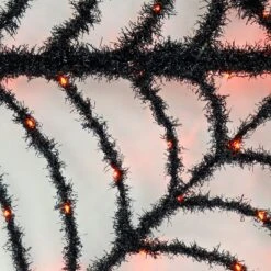 Light Up Spiders Web Black Tinsel Orange LED Decoration 80cm -Halloween Costumes Store XS7531 2 opt