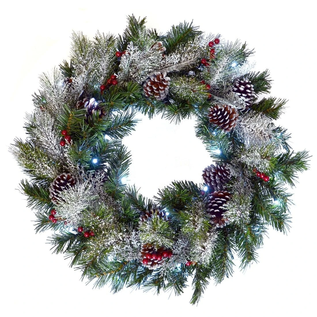 LED Snow Frosted Christmas Wreath With Berries & Pine Cones 3 LED Snow Frosted Christmas Wreath With Berries & Pine Cones
